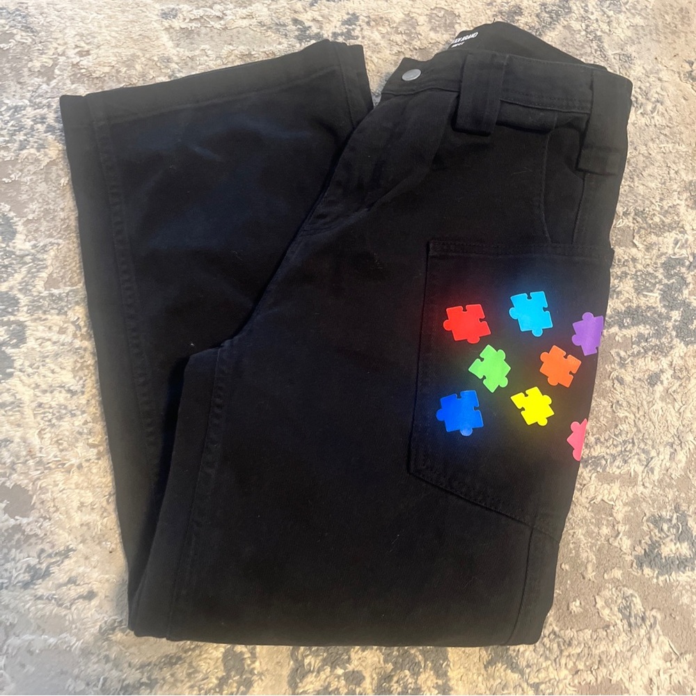 11KN Black Cargo Pants Size medium Stars Pass By Leave Traces Puzzles - Picture 13 of 14